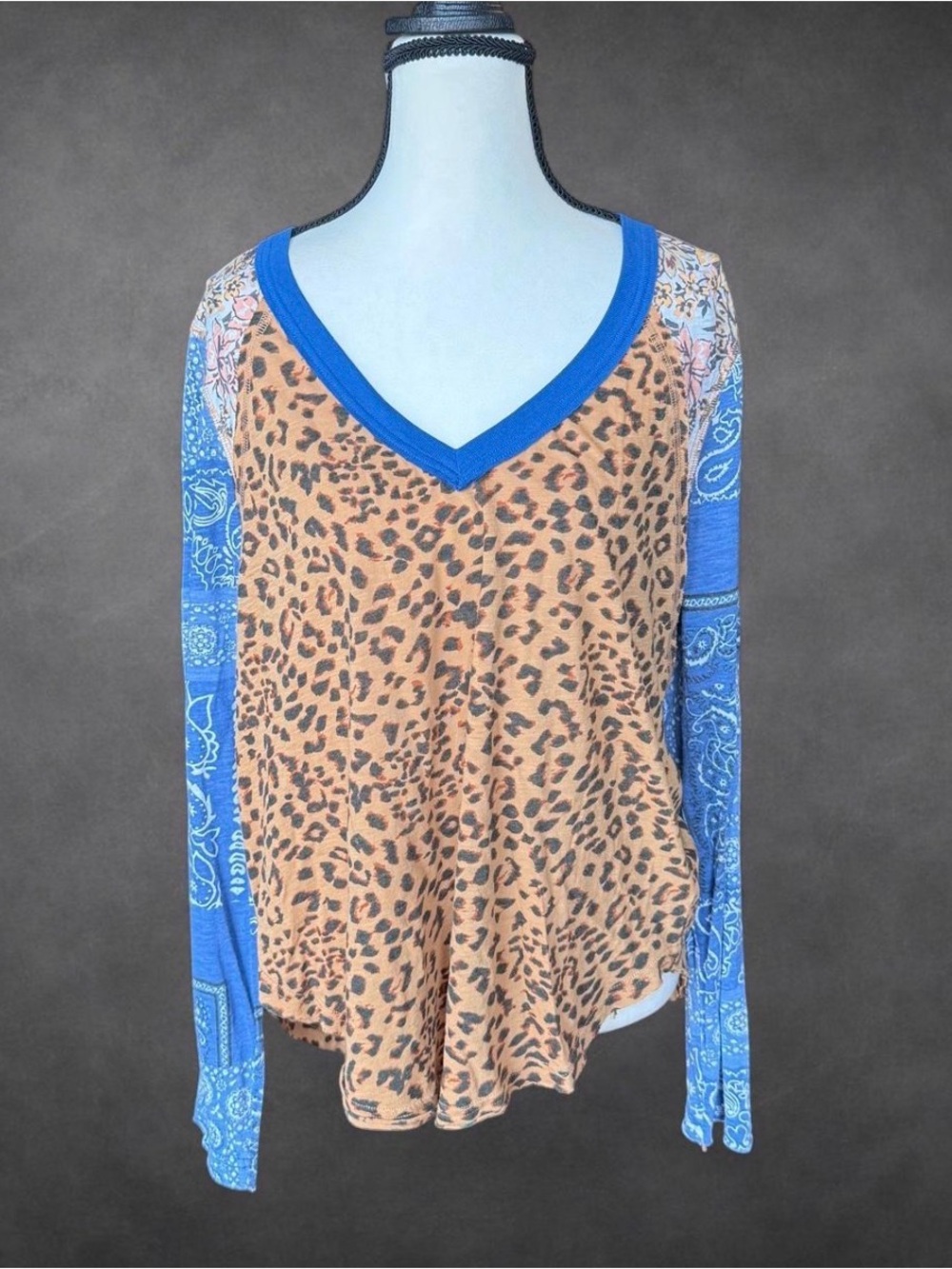 We The Free Blue Trim Leopard & Bandana Sleeve V-Neck Long Sleeve Top